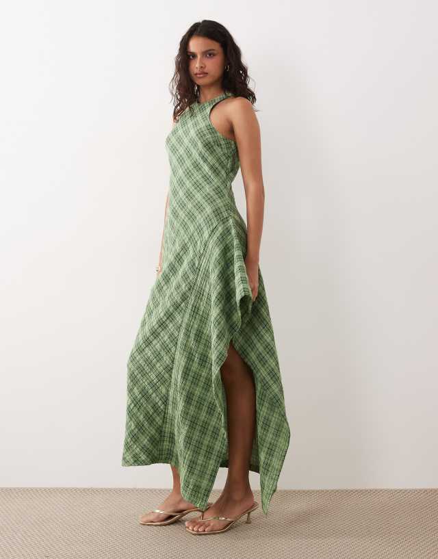 ASOS DESIGN racer midi dress with side ruffle detail in green plaid