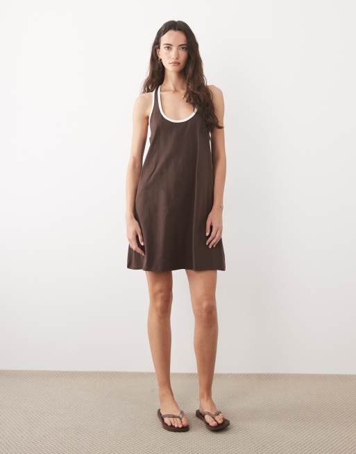 ASOS DESIGN racer mini swing dress with contrast binding in chocolate and white          , 2 of 4