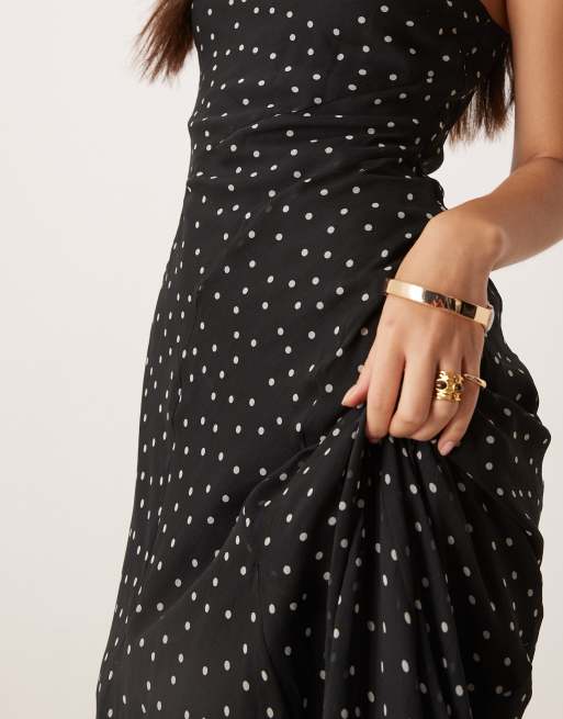ASOS DESIGN racer neck bias cut maxi dress with godet hem in polka dot print