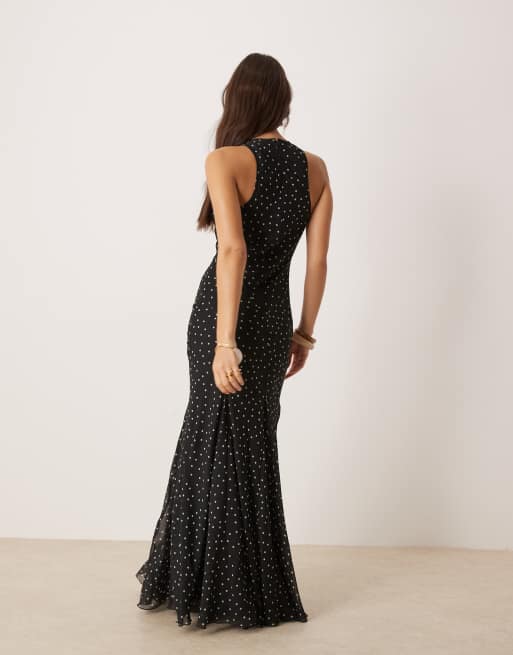 ASOS DESIGN racer neck bias cut maxi dress with godet hem in polka dot print