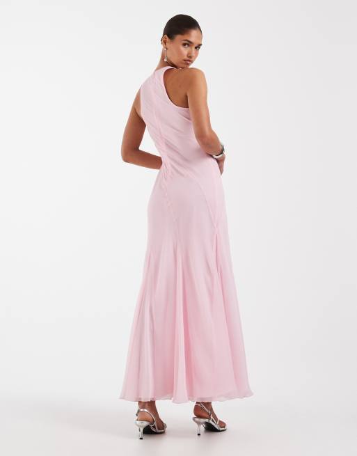 ASOS DESIGN racer neck bias maxi dress with godet hem in soft pink, 4 of 4