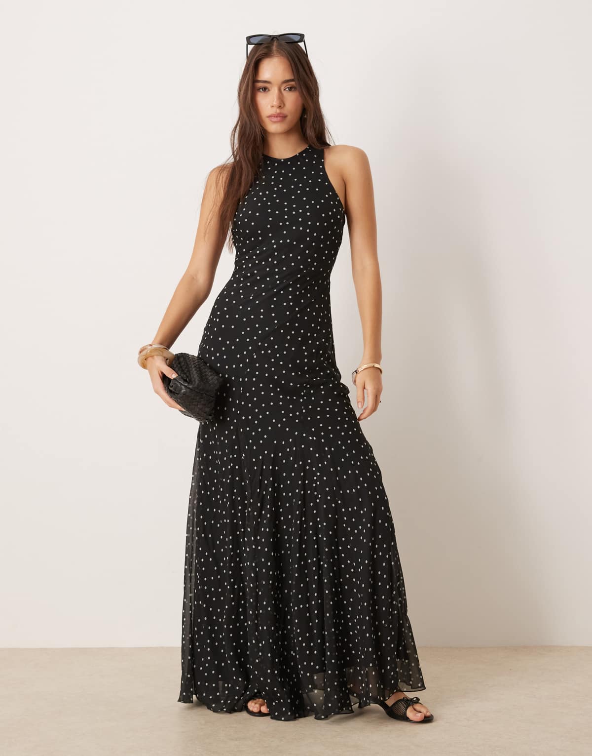 ASOS DESIGN racer neck bias maxi dress with godet hem in spot print