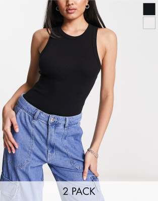 ASOS DESIGN racer neck bodysuit in 2 pack in white and black 