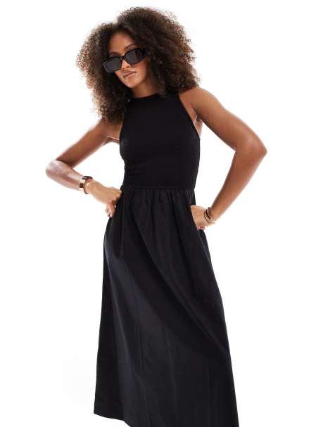 ASOS DESIGN racer neck crinkle bodice poplin skirt midi dress in black - view 1