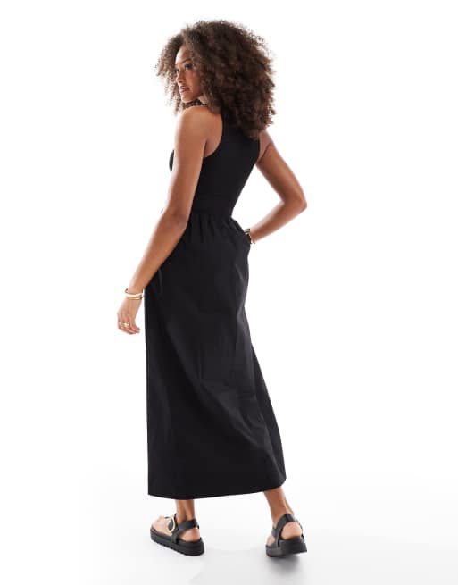 ASOS DESIGN racer crinkle bodice poplin skirt midi dress in black