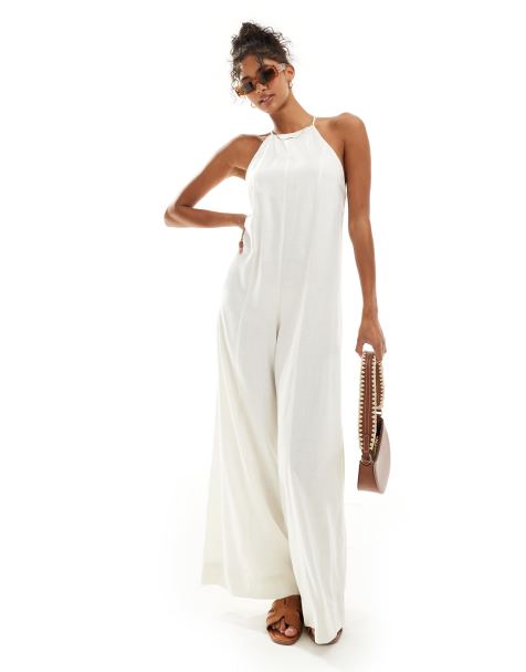 ASOS DESIGN racer neck Crosshatch linen jumpsuit in cream - view 1
