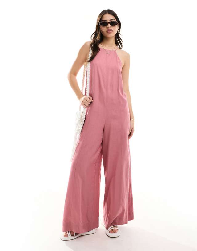 ASOS DESIGN - racer neck crosshatch linen jumpsuit in dusty rose