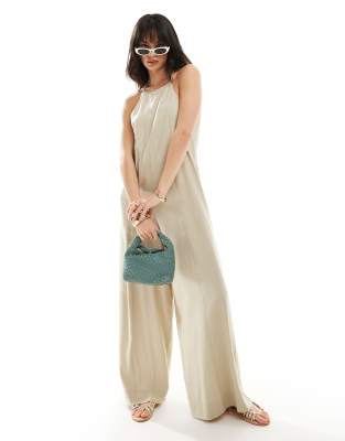 Asos Design Racer Neck Crosshatch Linen Jumpsuit In Stone-neutral