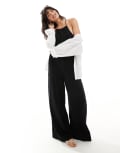 [ASOS DESIGN] ASOS DESIGN racer neck crosshatch linen look jumpsuit in black 18 BLACK
