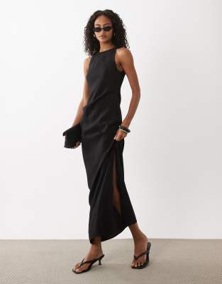 Asos Design Racer Neck Cupro Tuck Detail Maxi Dress In Black