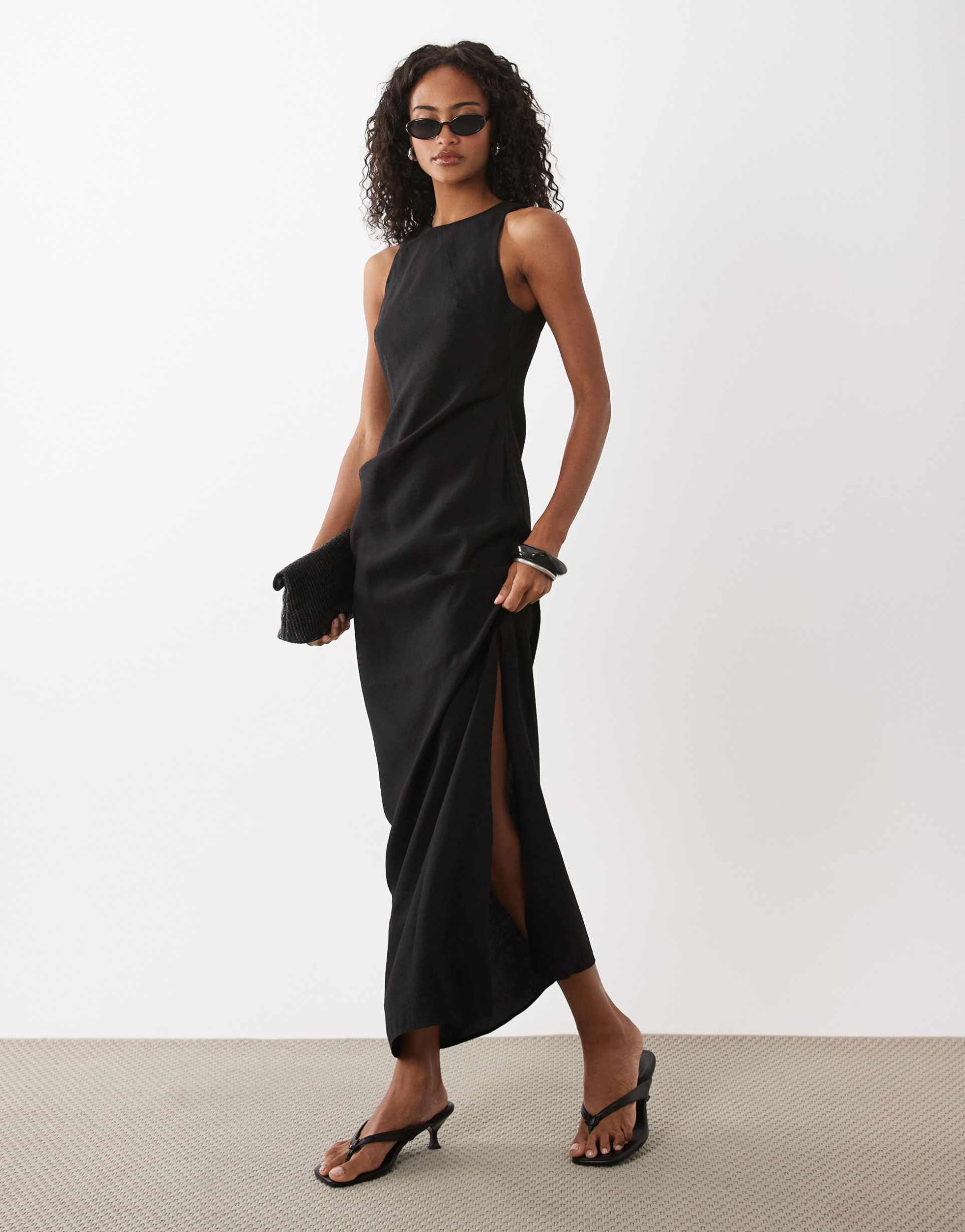 asos design racer neck cupro tuck detail maxi dress in black