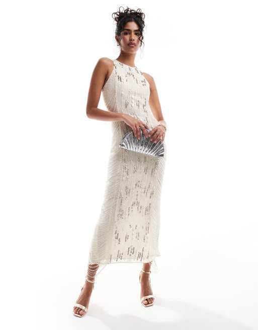 ASOS DESIGN racer neck embellished midi dress with fringing in stone, 2 of 4