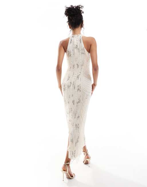 ASOS DESIGN racer neck embellished midi dress with fringing in stone, 4 of 4