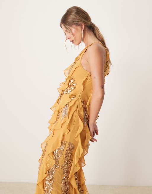 ASOS DESIGN racer neck embellished ruffle maxi dress in