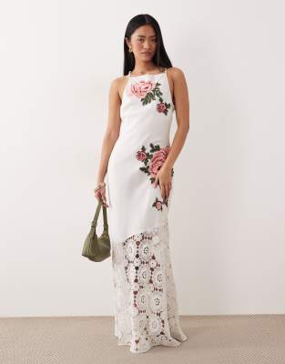 ASOS DESIGN racer neck embroidered detail crochet hem maxi dress in white