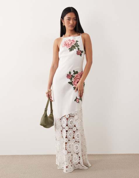 ASOS DESIGN racer neck embroidered detail crochet hem maxi dress in white - view 1
