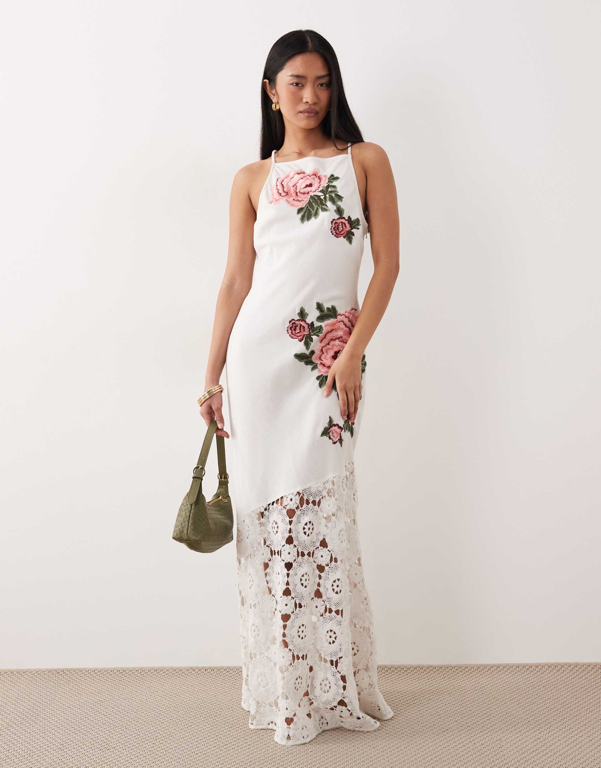 asos design racer neck embroidered detailing crochet hem maxi dress in white