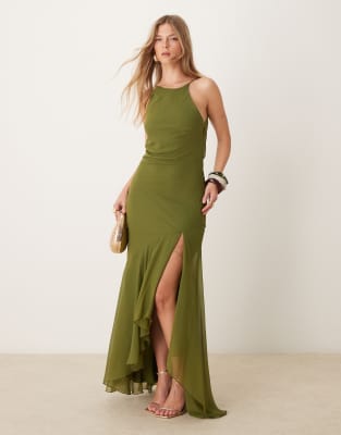 Asos Design Racer Neck Low Cowl Back Maxi Dress With High Low Frill Hem In Green