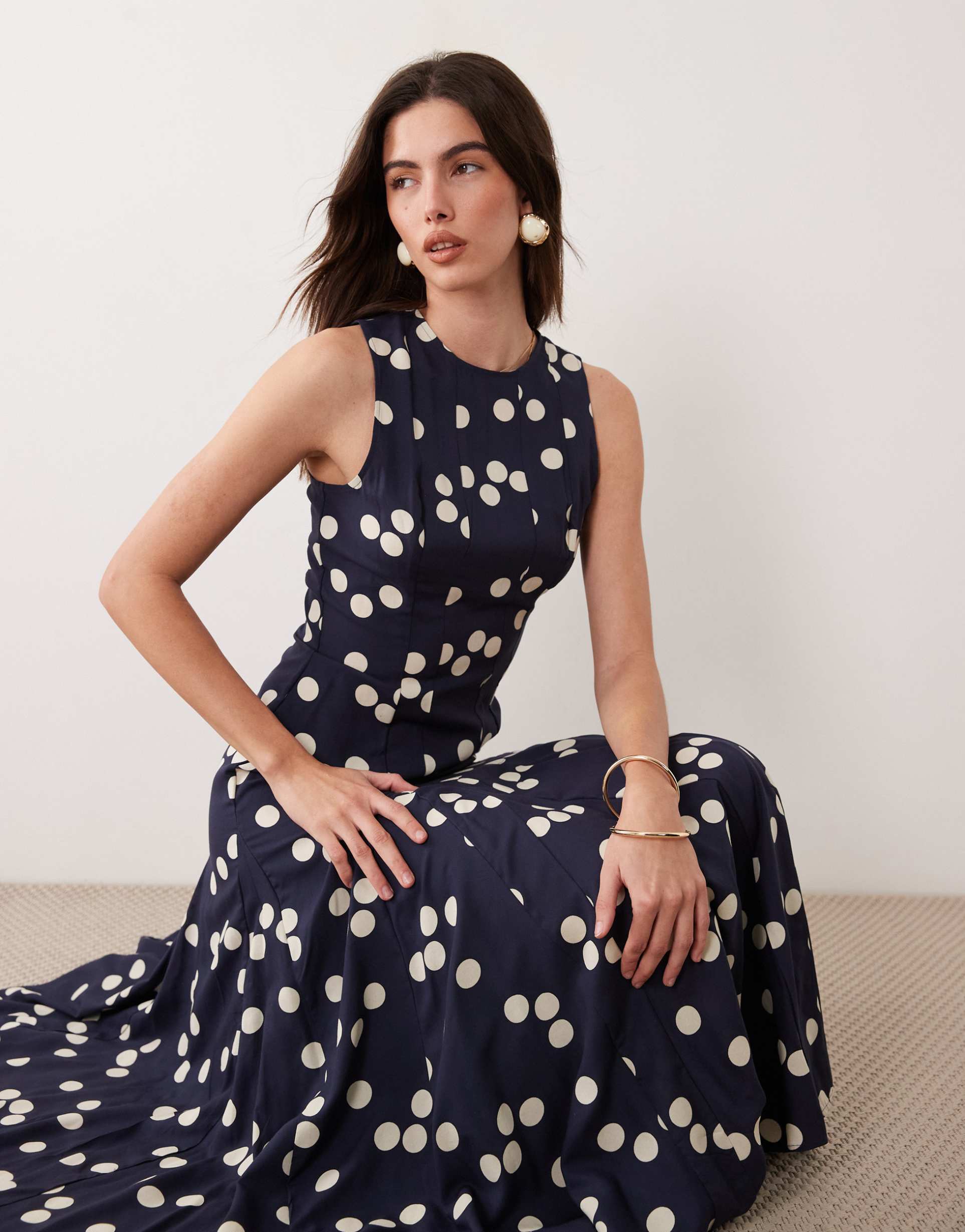 asos design racer neck maxi dress with godets in navy polka dots