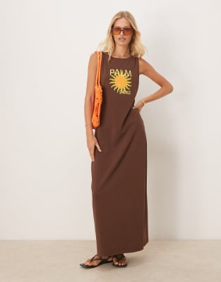 Asos Design Racer Neck Maxi Dress With Sunshine Vacation Graphic In Brown
