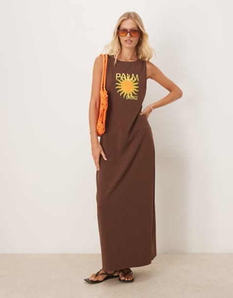 ASOS DESIGN racer neck maxi dress with sunshine vacation graphic in brown - view 1