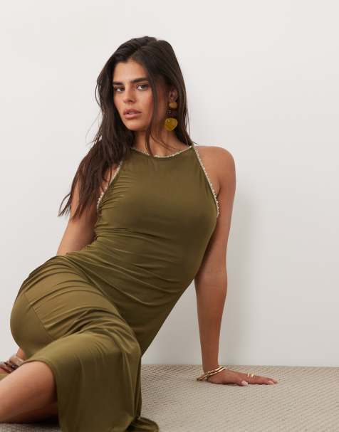 ASOS DESIGN racer neck maxi dress with trim detailing in olive - view 1