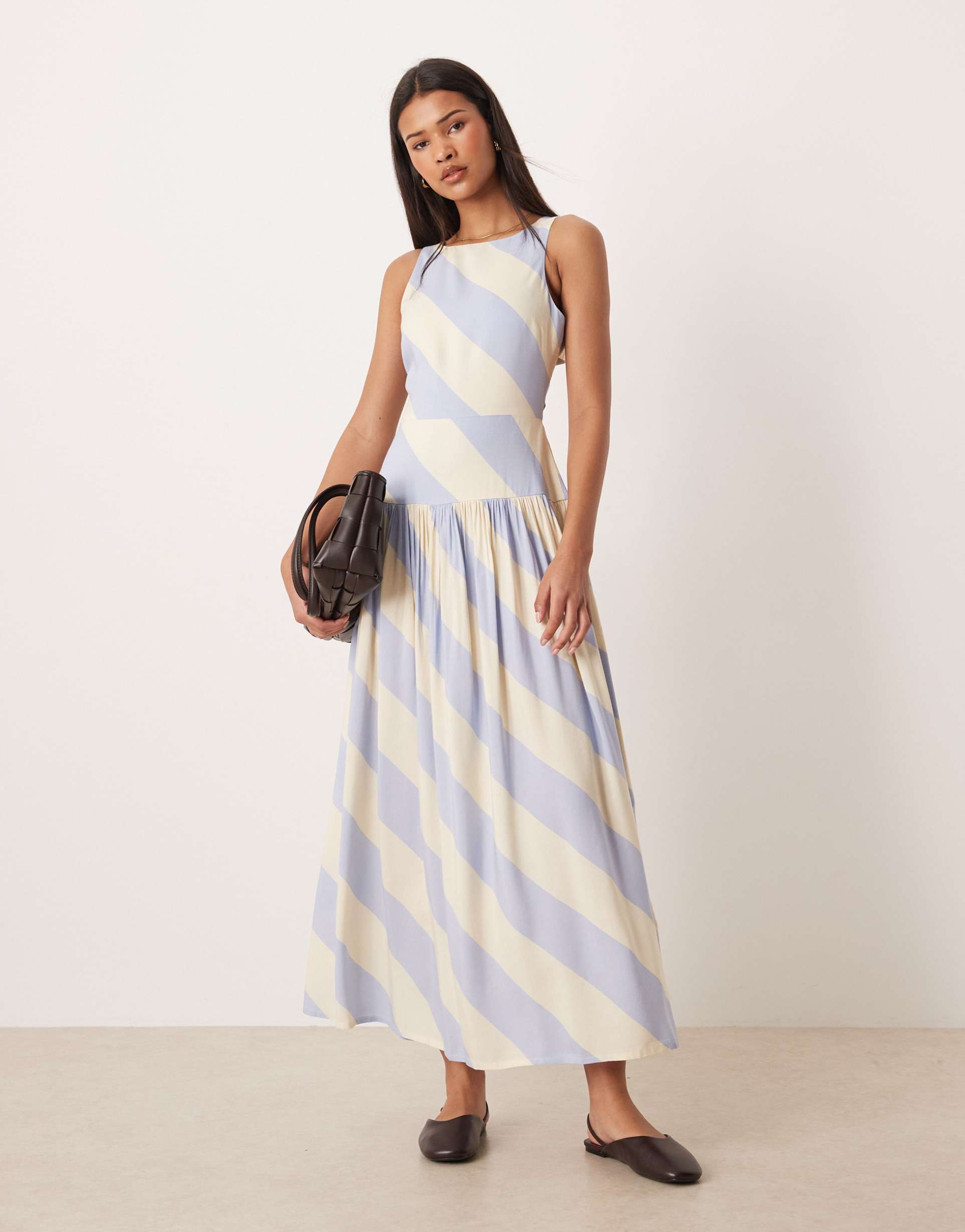 asos design racer neck maxi sundress with cut out back in blue and white stripes
