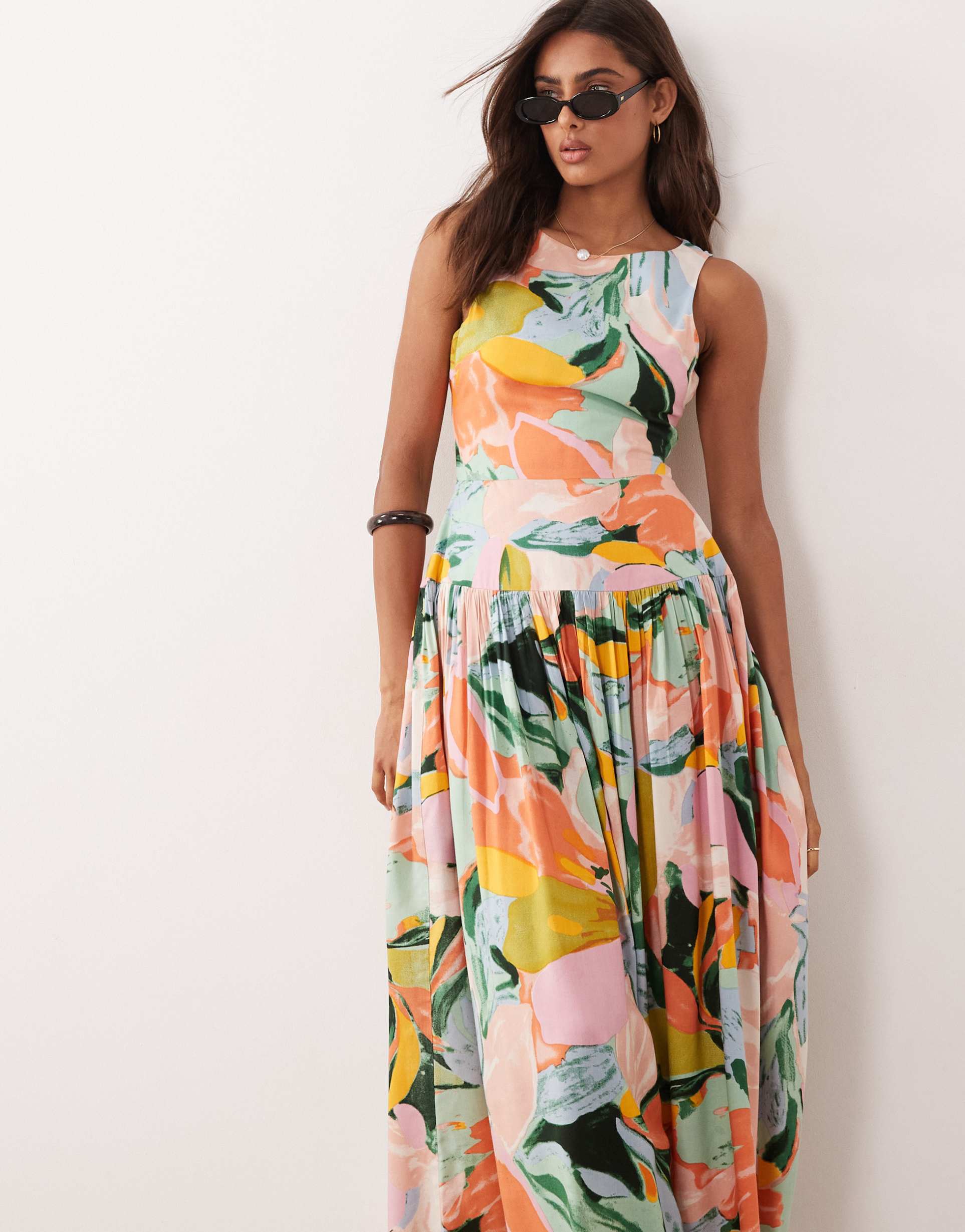 asos design racer neck maxi sundress with cut out back in floral print