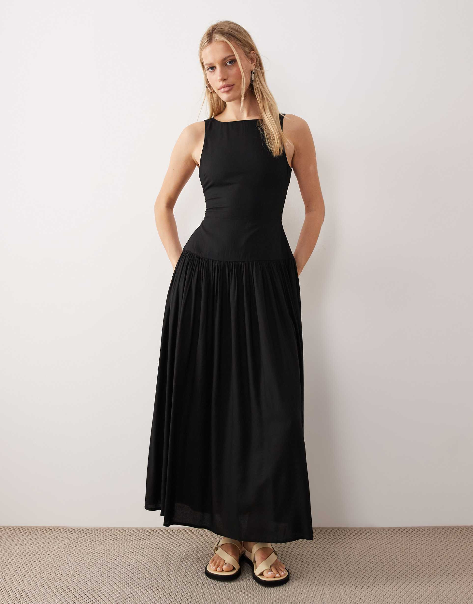 asos design racer neck midaxi sundress with cut out back in black