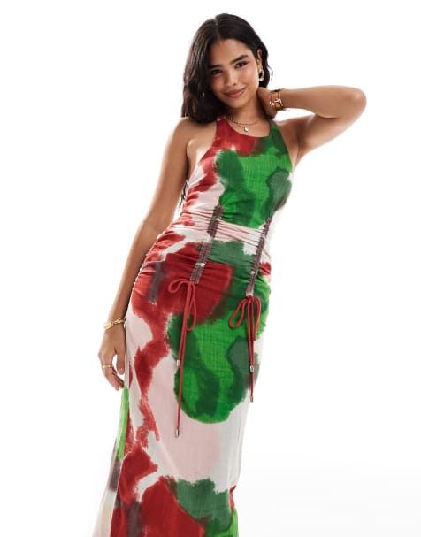 ASOS DESIGN racer neck midi dress with rope drawstring ties in blurred abstract print - view 1