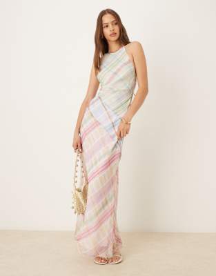 ASOS DESIGN racer neck midi slip dress with seam details in mixed plaid-Multi