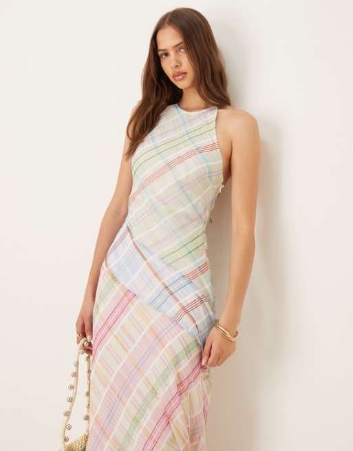 ASOS DESIGN racer neck midi slip dress with seam details in mixed plaid