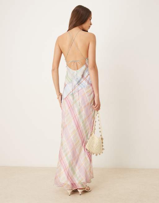 ASOS DESIGN racer neck midi slip dress with seam details in mixed plaid