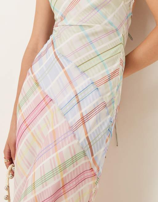 ASOS DESIGN racer neck midi slip dress with seam details in mixed plaid