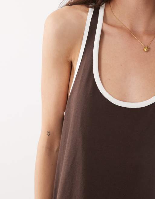 ASOS DESIGN racer neck mini swing dress with contrast binding in chocolate and white          , 3 of 4