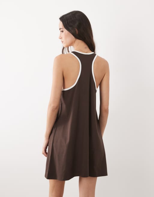 ASOS DESIGN racer neck mini swing dress with contrast binding in chocolate and white          , 4 of 4