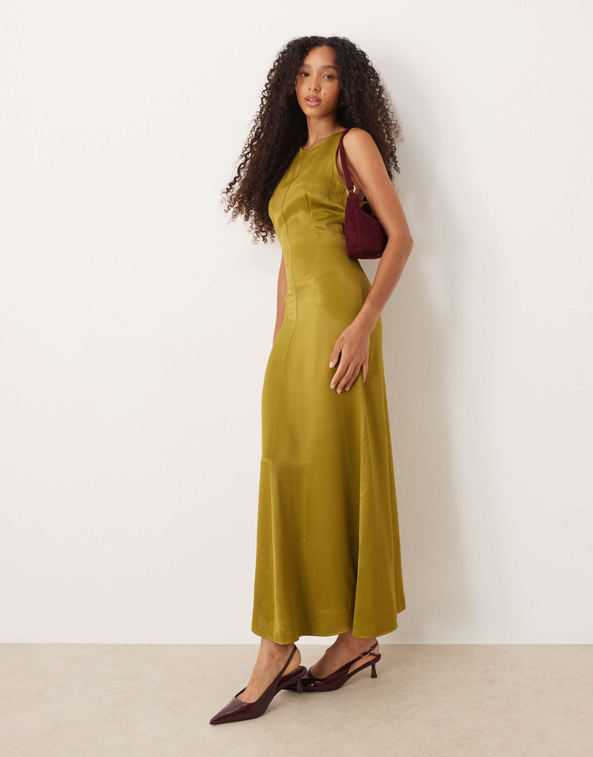 asos design racer neck satin maxi dress in olive
