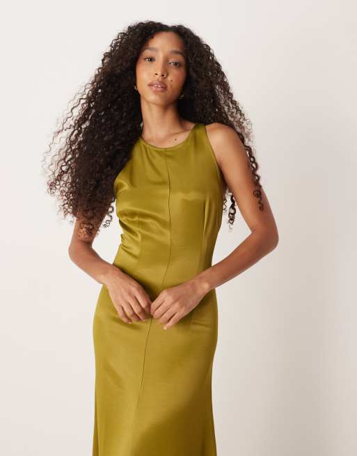 ASOS DESIGN racer neck satin maxi dress in olive