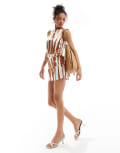 [ASOS DESIGN] ASOS DESIGN racer neck satin mini dress in brown stripe print-Multi 16 Stripe print
