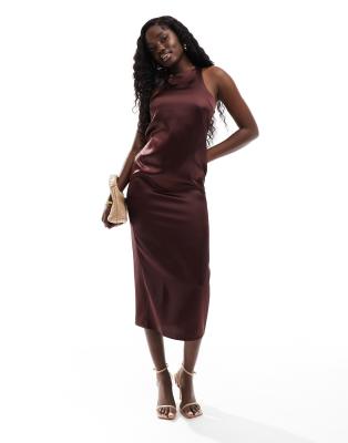 Asos Design Racer Neck Satin Slip Midi Dress In Chocolate-brown