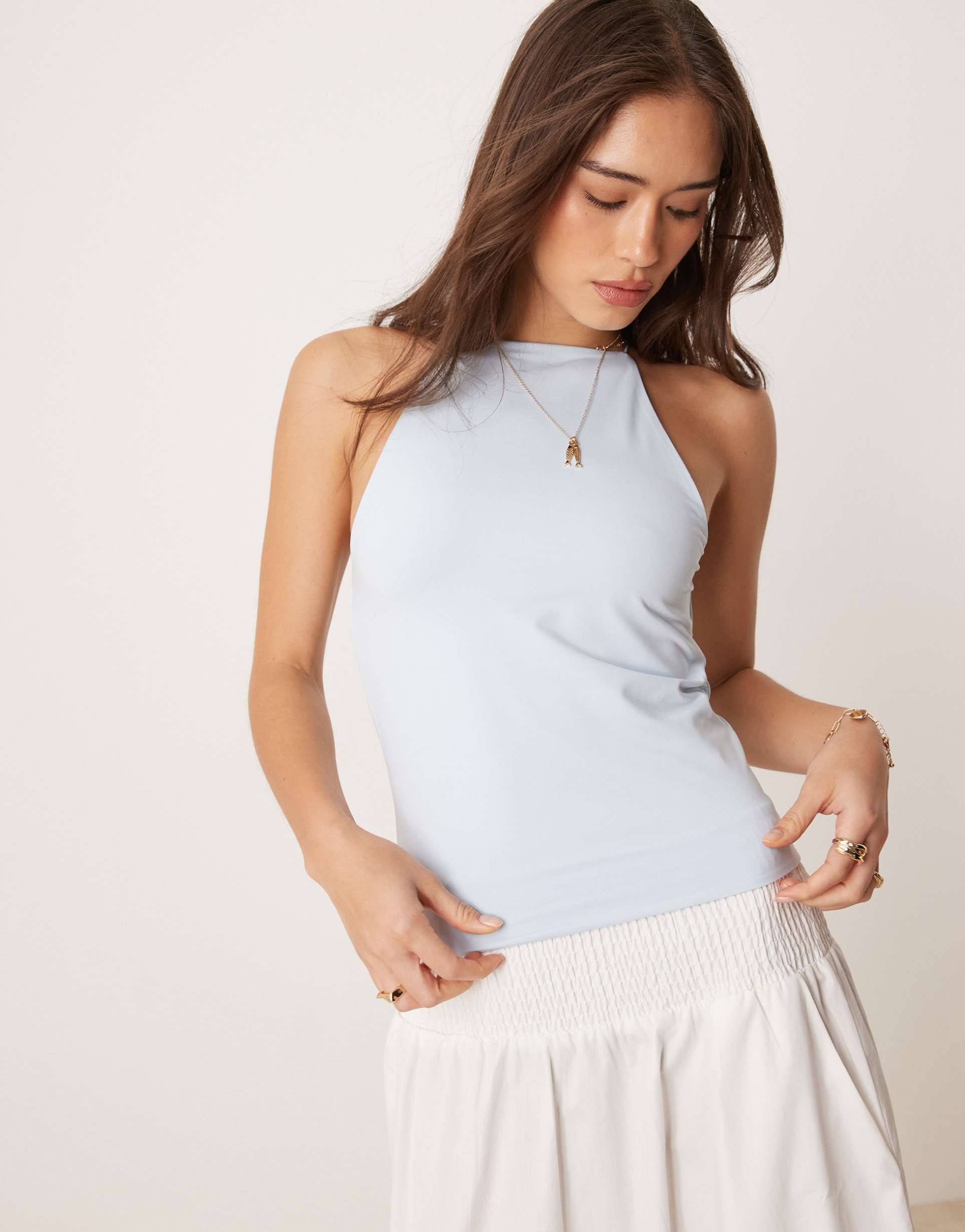 asos design racer neck slinky cami top in light blue