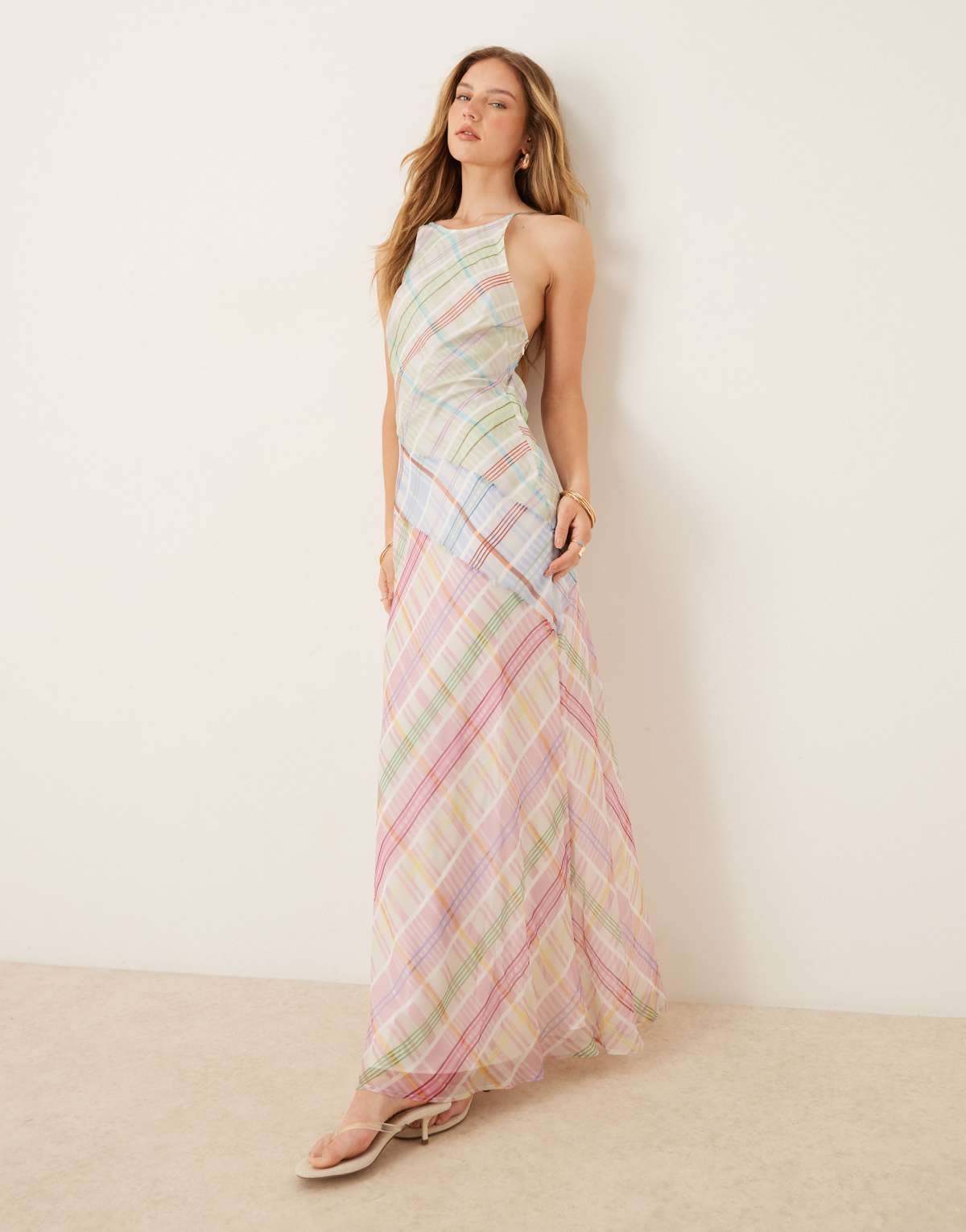 ASOS DESIGN racer neck slip midi dress with seam details in mixed check