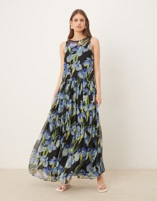 Asos Design Racer Neck Smock Maxi Dress In Multi