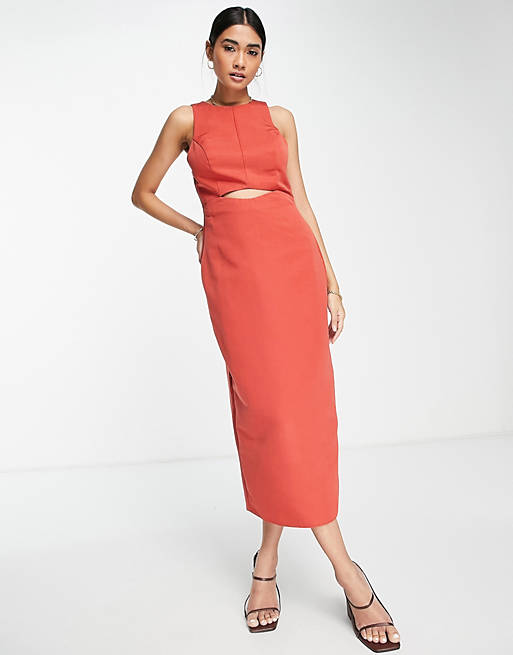  racer neck structured midi dress with cut out detail 
