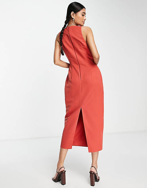  racer neck structured midi dress with cut out detail 