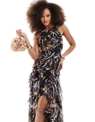 asos design racer neckline ruffle maxi dress with hi low hem in abstract animal print