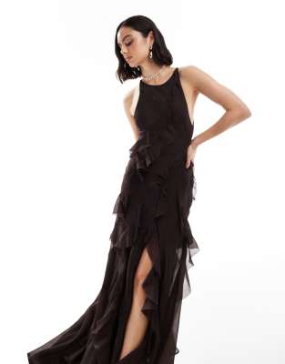 racer neckline ruffle maxi dress with hi low hem in chocolate brown