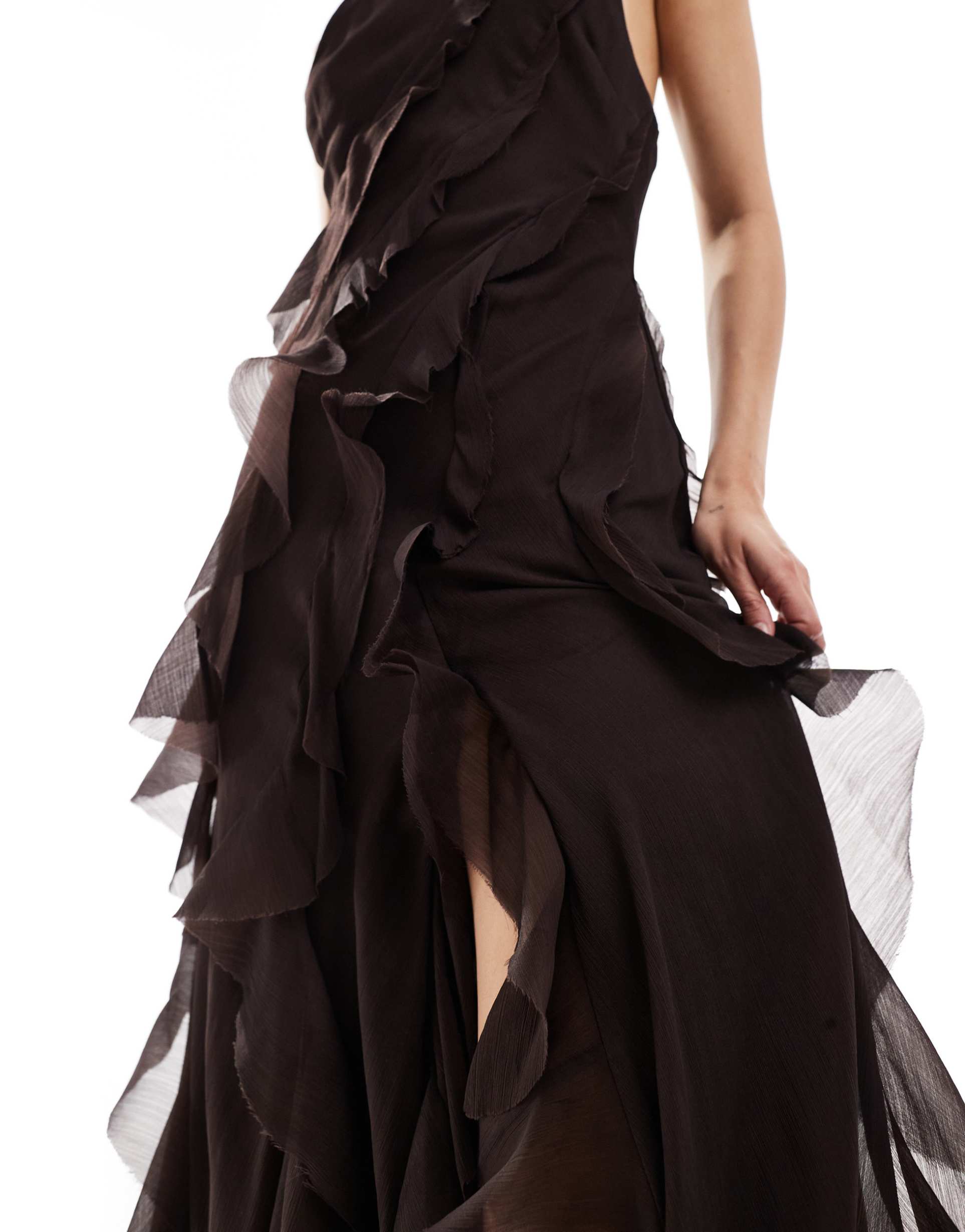 asos design racer neckline ruffle maxi dress with hi low hem in chocolate brown