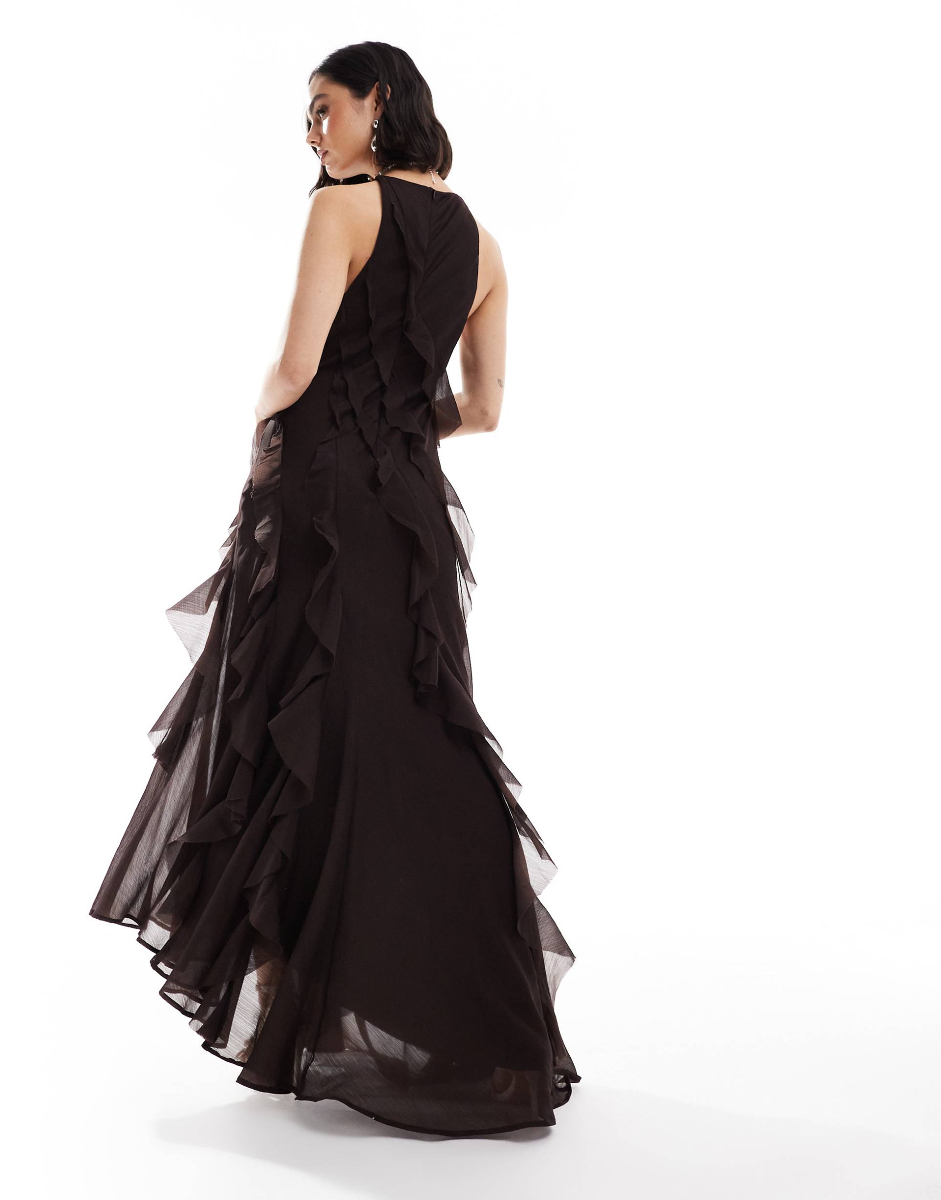 asos design racer neckline ruffle maxi dress with hi low hem in chocolate brown