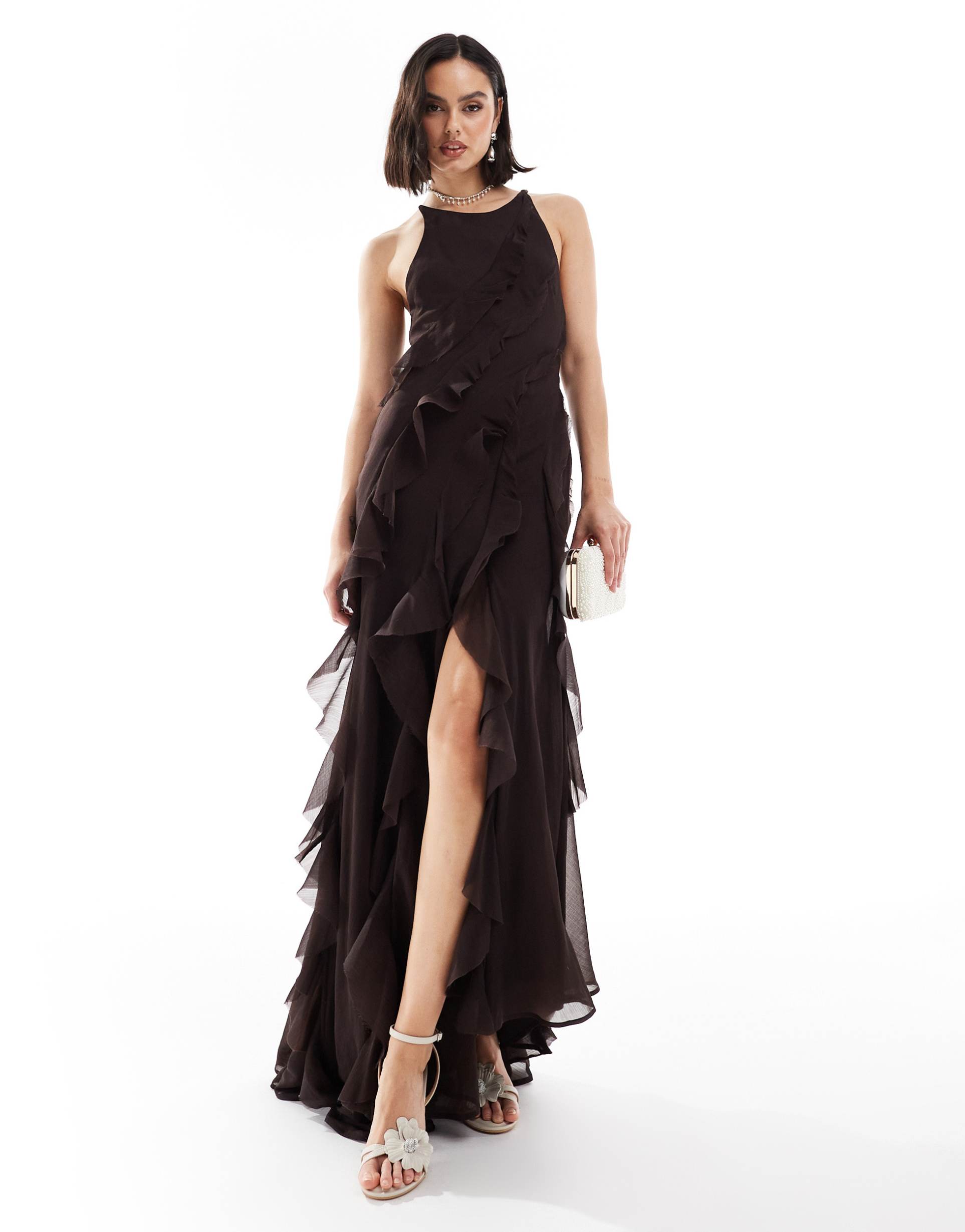 asos design racer neckline ruffle maxi dress with hi low hem in chocolate brown